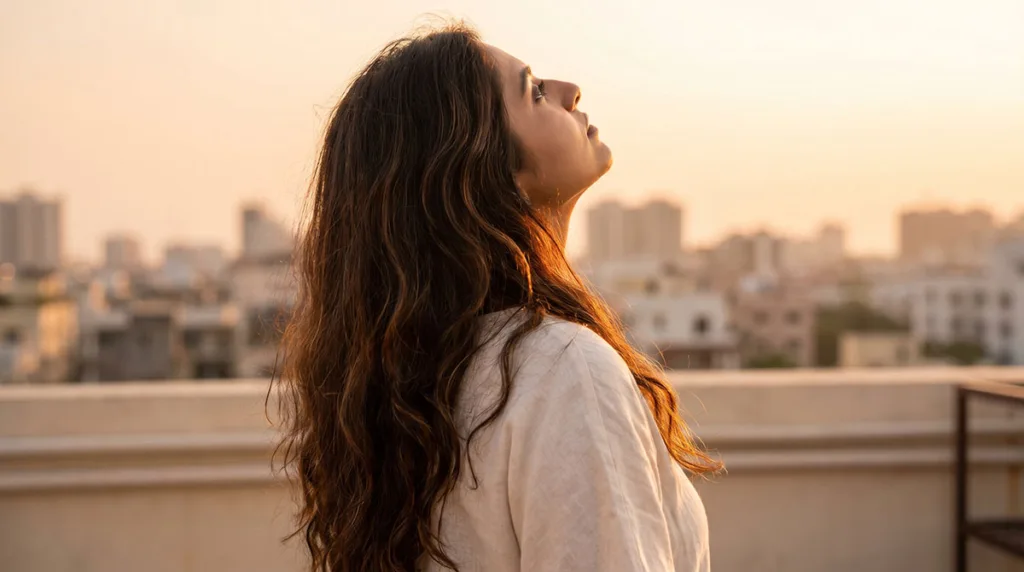 woman with long thick healthy hair blowing in natural light showcasing results of consistent hair growth tips and scalp care