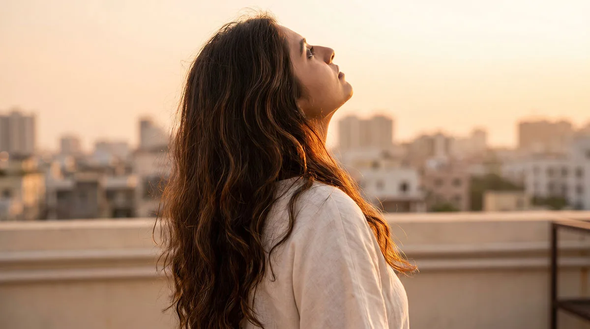 woman with long thick healthy hair blowing in natural light showcasing results of consistent hair growth tips and scalp care