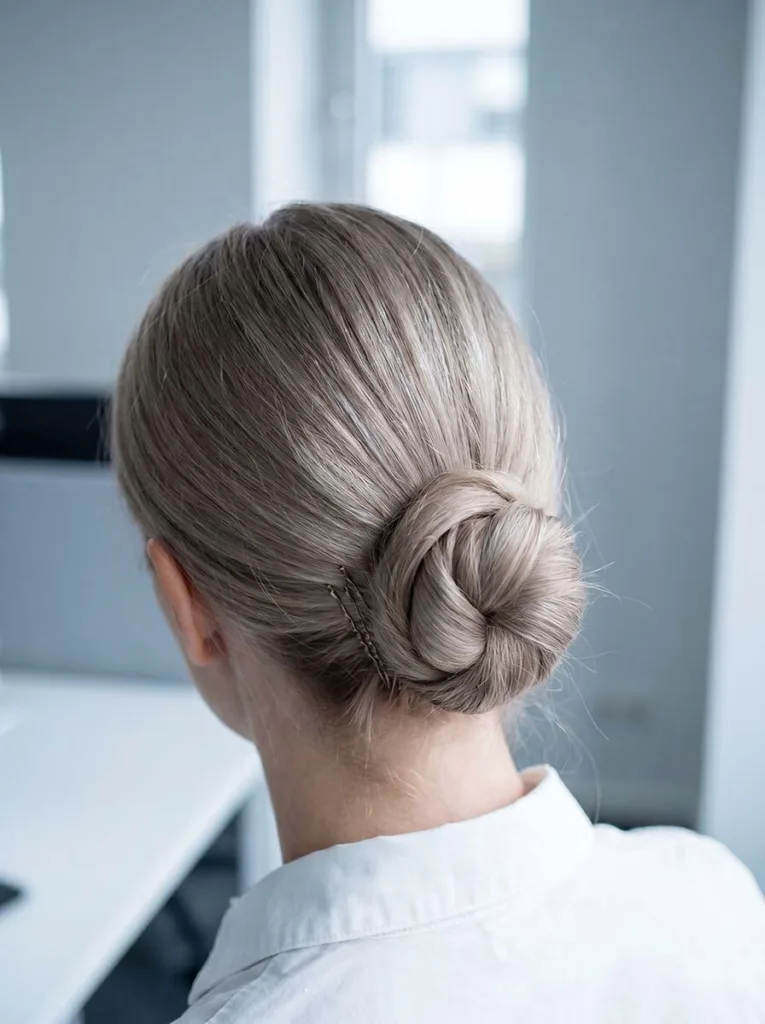 low twisted bun at nape of neck professional easy hairstyle long hair