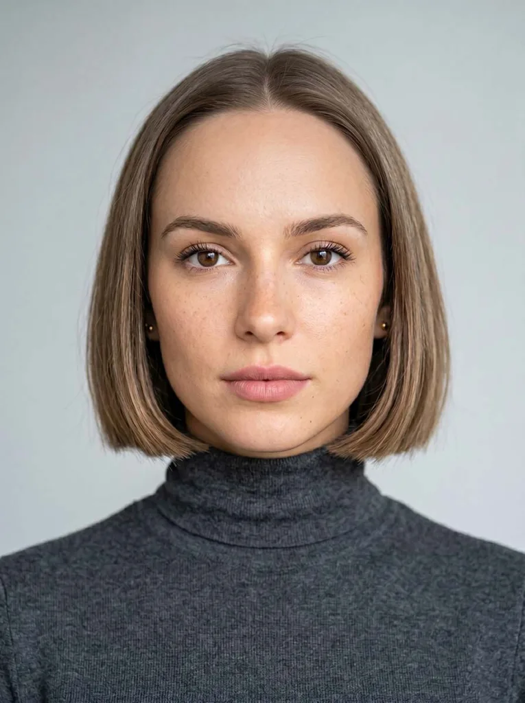 micro-bob haircut — blunt chin-length bob with sleek straight finish