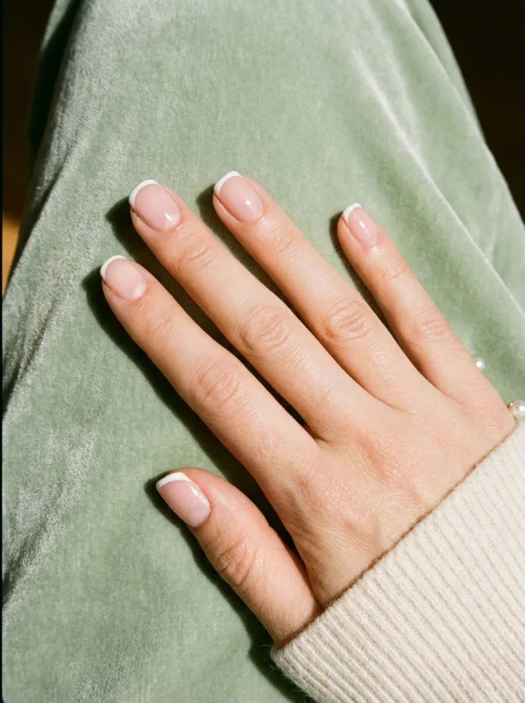 Micro-French tip nail design on short squoval nails with a thin white arc on sheer pink bas