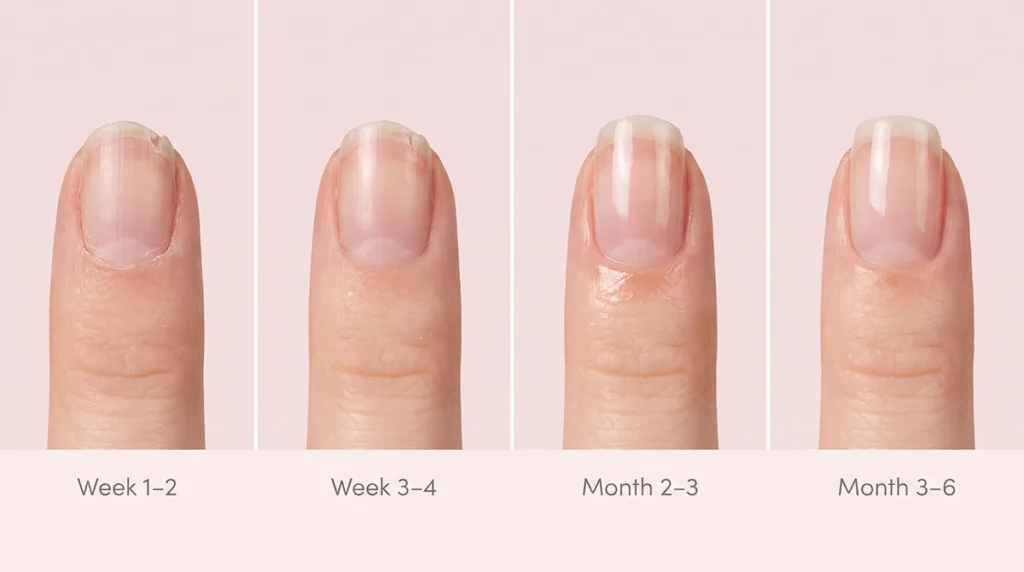 four-panel progression showing nail improvement from week one to month three of a natural nail strengthening routine