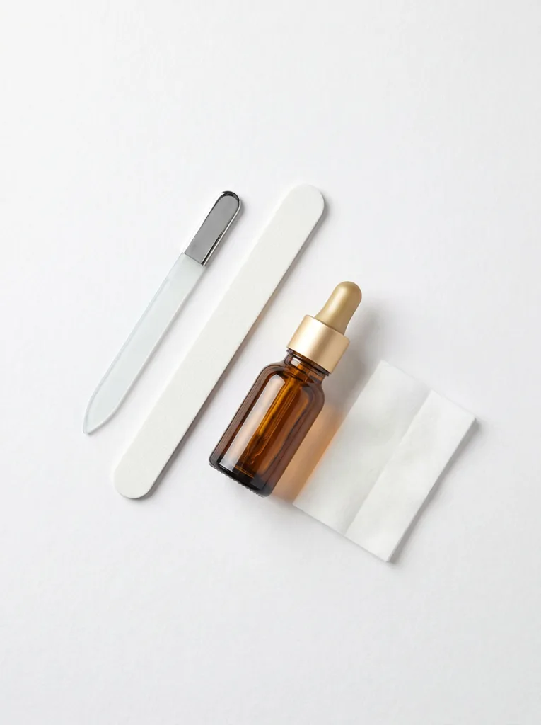 Professional nail shaping tools flat lay — glass file, emery board, cuticle oil, and nail pad on white surface
