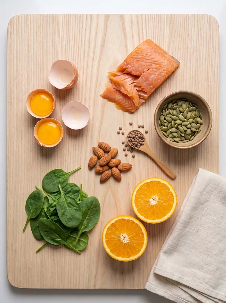 overhead flat lay of nail-strengthening foods including eggs, salmon, pumpkin seeds, spinach, oranges, and almonds on a light wood board