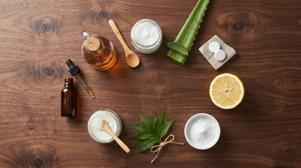 Nine natural dandruff remedies laid out on a dark walnut wood surface including tea tree oil, apple cider vinegar, coconut oil, aloe vera, neem leaves, baking soda, lemon, aspirin tablets, and plain yogurt