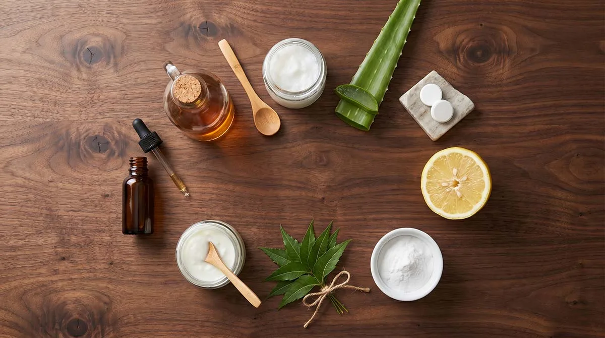 Nine natural dandruff remedies laid out on a dark walnut wood surface including tea tree oil, apple cider vinegar, coconut oil, aloe vera, neem leaves, baking soda, lemon, aspirin tablets, and plain yogurt