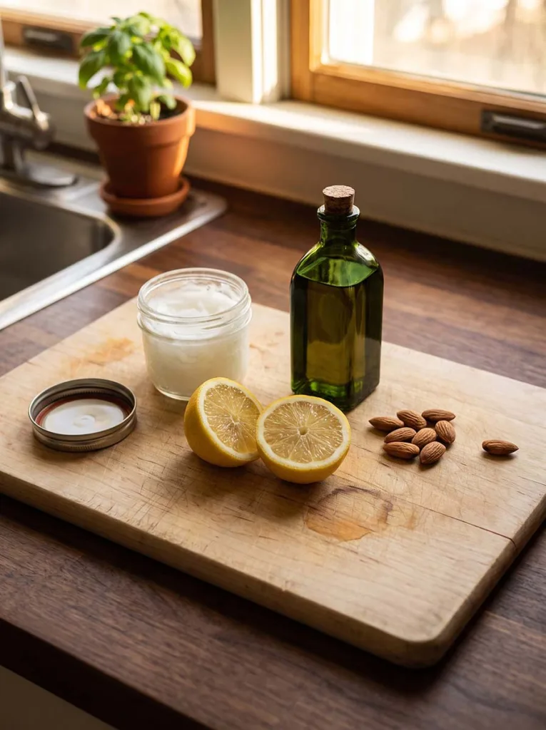 Natural nail care remedies at home showing coconut oil, fresh lemon halves, and olive oil on a wooden kitchen surface for brittle nail treatment