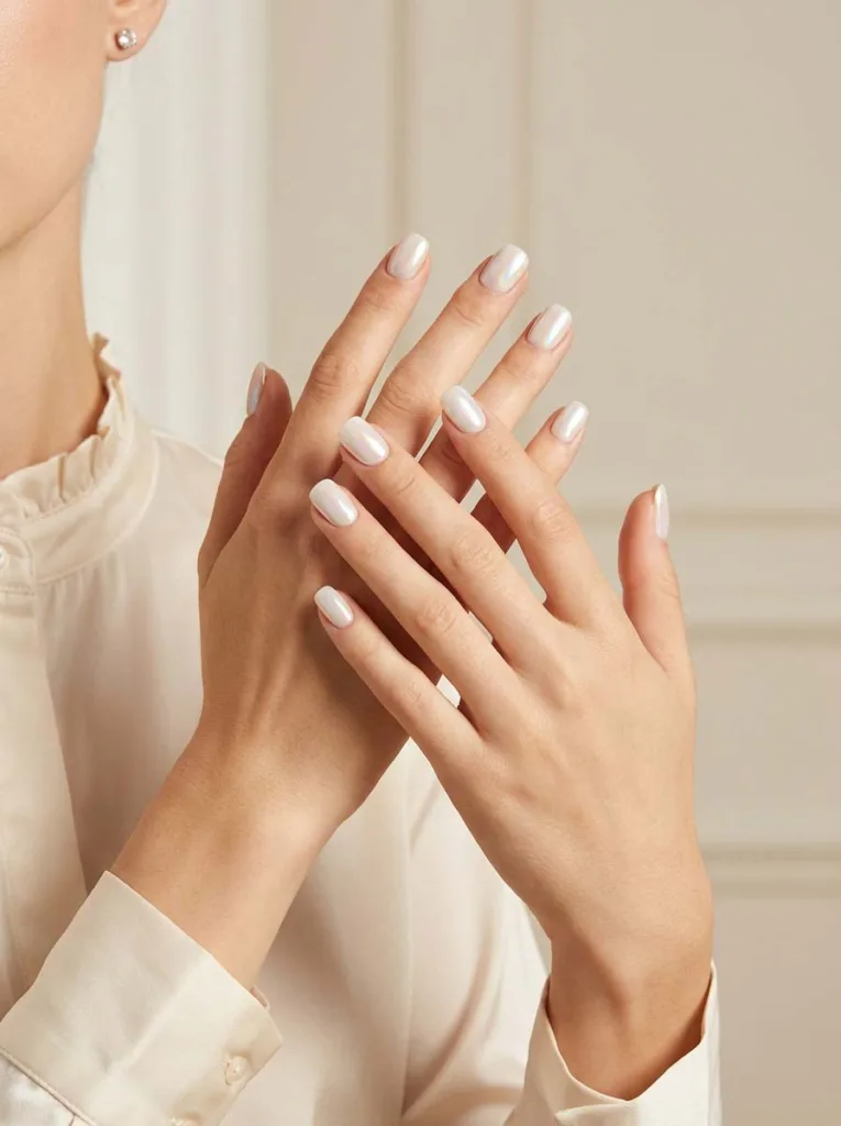 Sheer blush jelly nails on short round nails showing translucent candy-like depth on fair skin