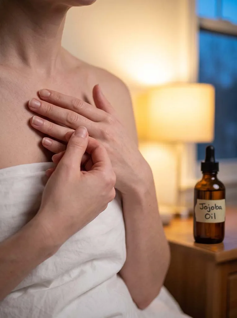 woman massaging cuticle oil into her nails before bed with a jojoba oil bottle on the bedside table