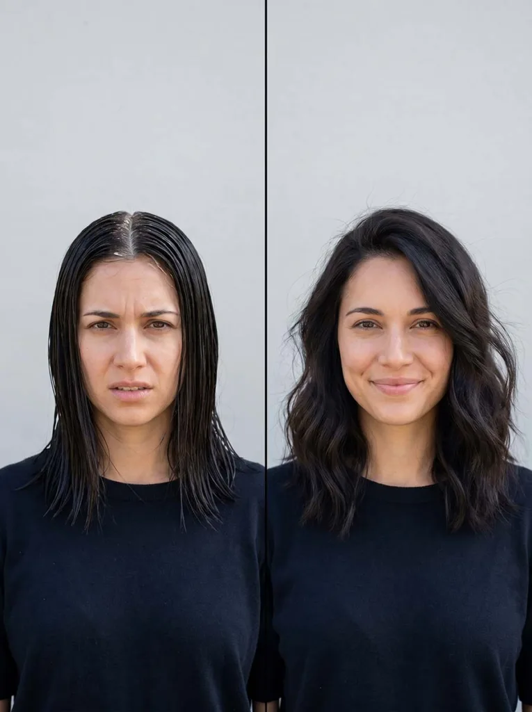 over-styled vs effortless long hair — comparison showing too much product vs natural texture