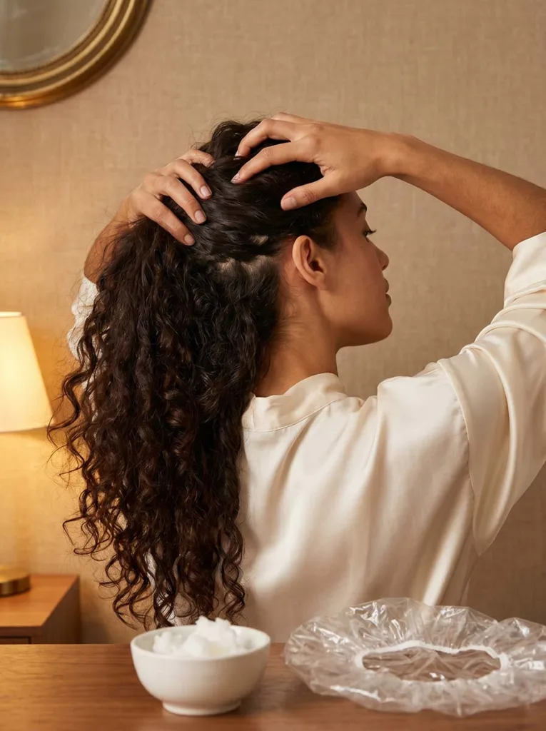 Woman in a cream silk robe massaging warm coconut oil into her scalp with fingertips before an overnight hair treatment