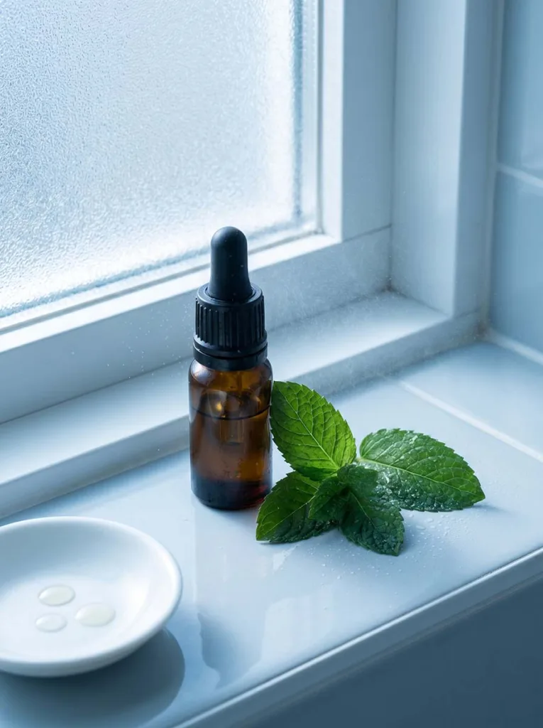 peppermint essential oil bottle with fresh mint leaves and water mist on cool blue bathroom countertop
