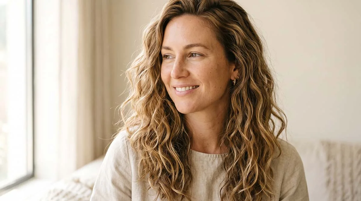 Woman with perfect beach waves hair styled at home using a curling wand
