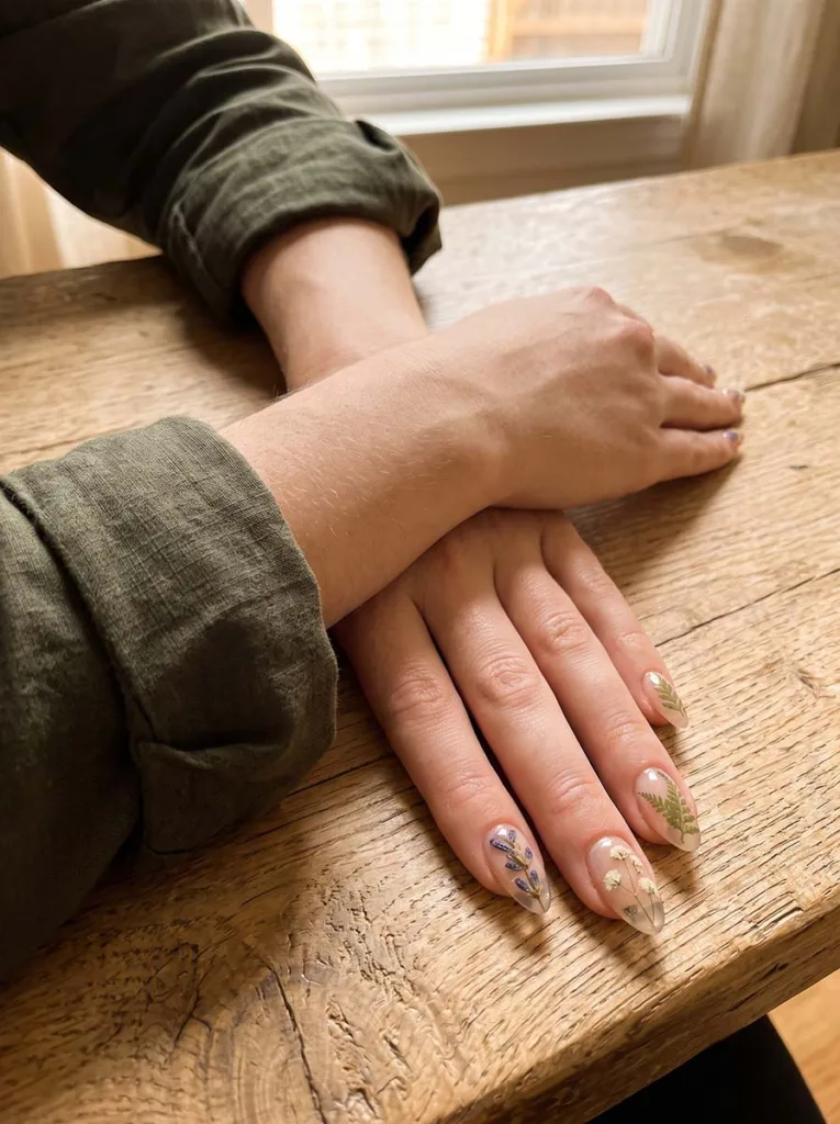 pressed botanical almond nails with real dried lavender and baby's breath encased in gel on fair skin