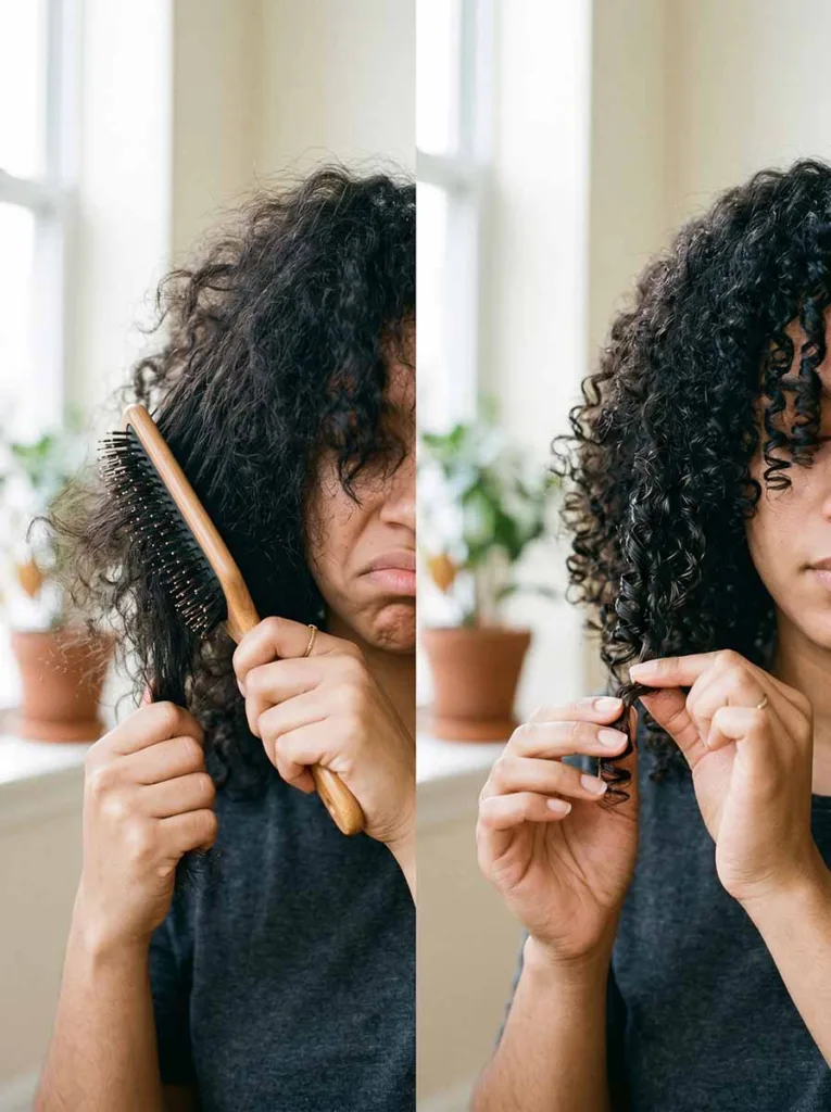 comparison of brushing out heatless curls causing frizz versus finger separating curls correctly