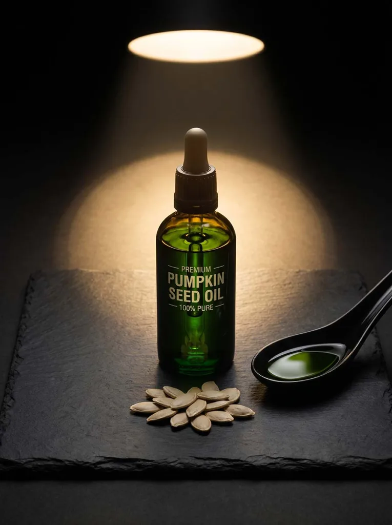 jewel-toned dark green pumpkin seed oil in glass bottle on black slate with raw pumpkin seeds and dramatic spotlight