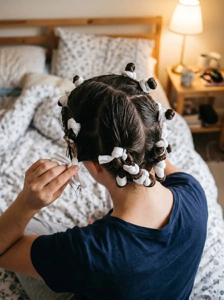 rag curls method using cotton fabric strips tied into damp fine hair for heatless curls overnight