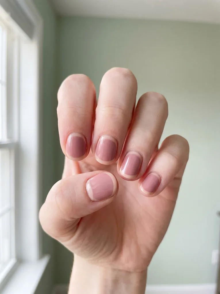 Reverse French short round nails on fair skin — pink base with nude curved tip, straight-on close-up