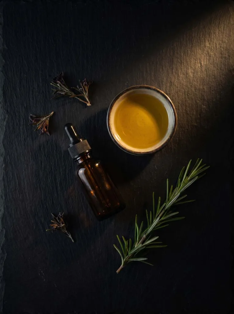 glass dropper bottle of rosemary essential oil next to a sprig of fresh rosemary and a small bowl of jojoba carrier oil on a dark stone surface