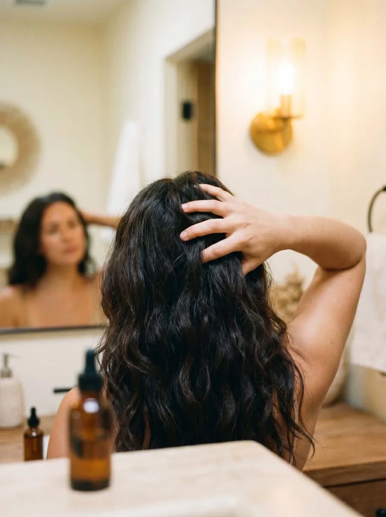 woman applying rosemary oil to scalp with fingertips using circular massage motion