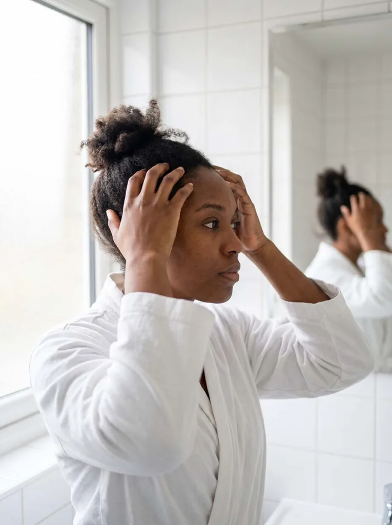 woman using fingertips to perform circular scalp massage on her own scalp to stimulate hair follicles and promote hair growth