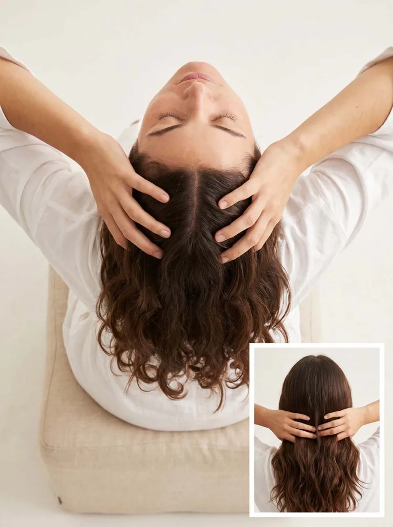 scalp massage technique for hair growth — woman using fingertips in circular motion on crown and nape