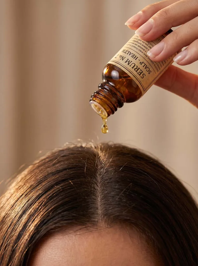 woman applying scalp serum with dropper directly onto hair part for scalp health