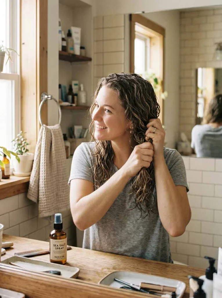 Scrunching sea salt spray into damp hair for natural beach waves at home
