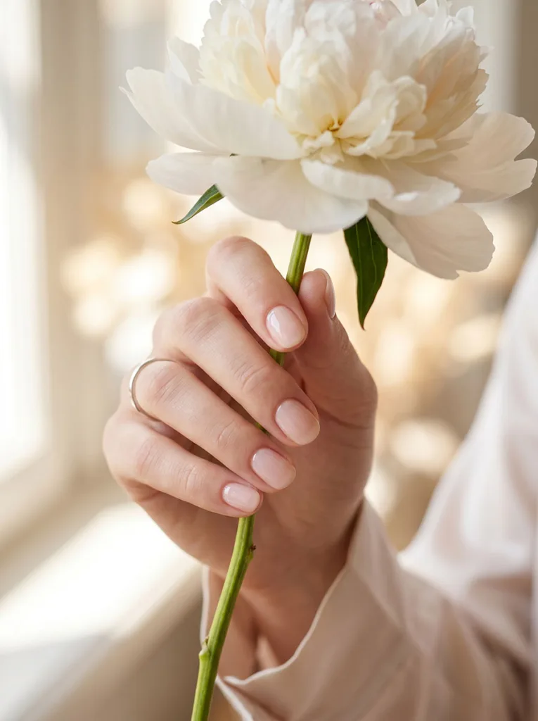 Sheer blush short round nails on fair skin holding a white peony — soft natural window light