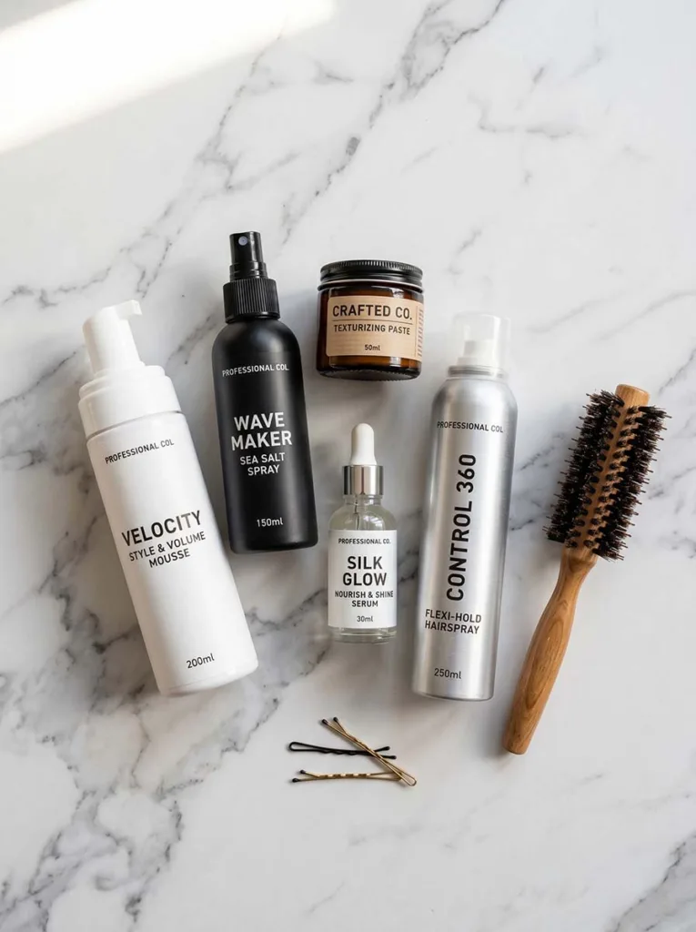 best styling products for short hair — mousse, sea salt spray, texturizing paste, shine serum and hairspray