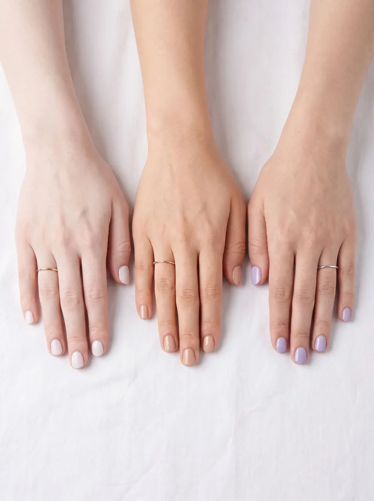Short round nails on three fair skin undertones — cool porcelain in milky white, warm peachy in nude beige, neutral fair in lavender
