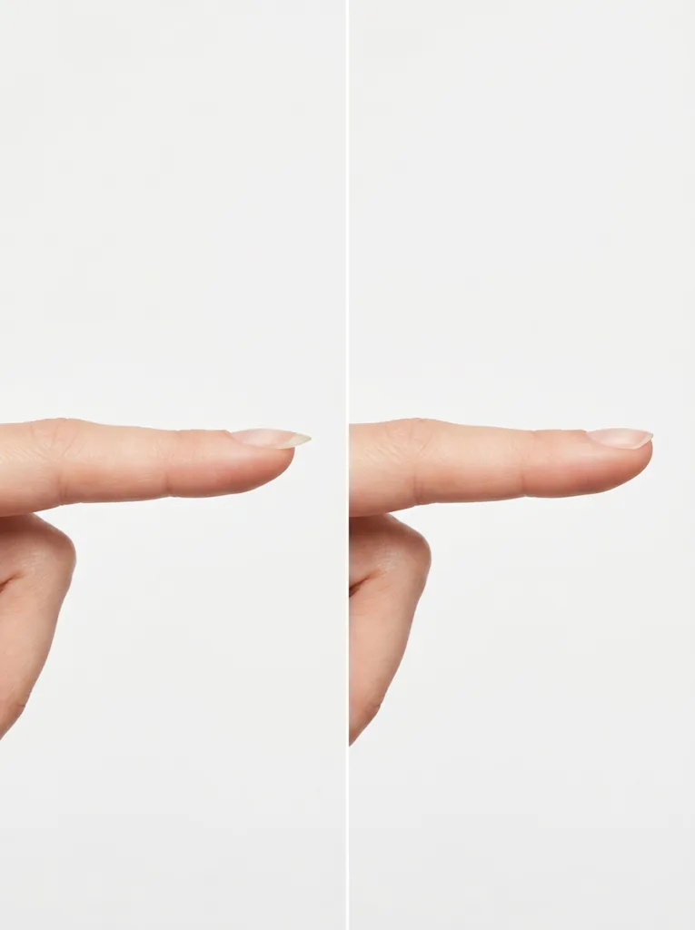 Short round nails shape comparison — over-filed narrow shape on left versus correct round shape on right, fair skin profile view