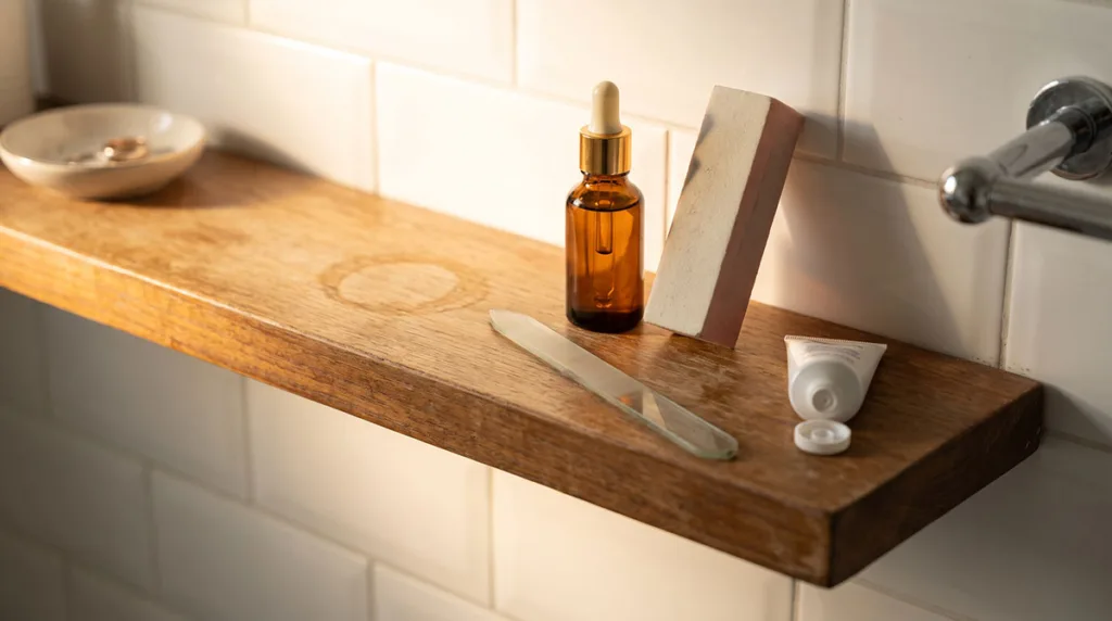Simple nail care routine at home tools including glass nail file, cuticle oil bottle, buffer block, and hand cream arranged on a wooden bathroom shelf