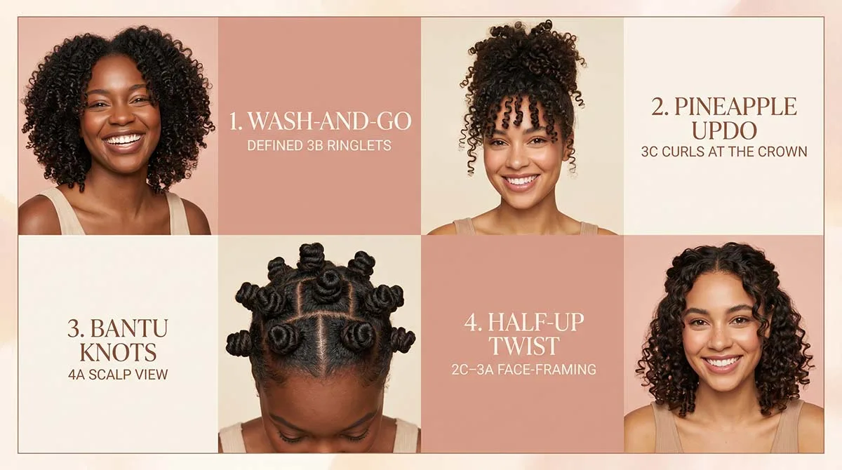 simplistic hairstyle ideas for curly hair — 9 easy looks sorted by curl type 2B to 4C