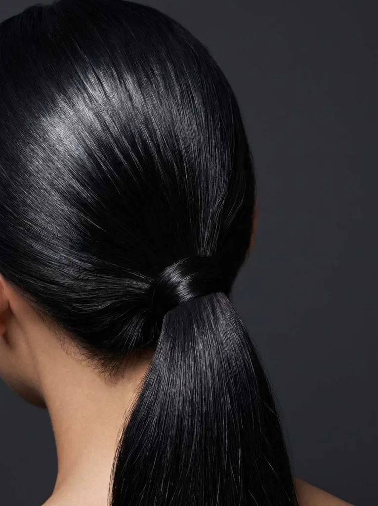sleek low ponytail on long black hair — elegant nape of neck close-up