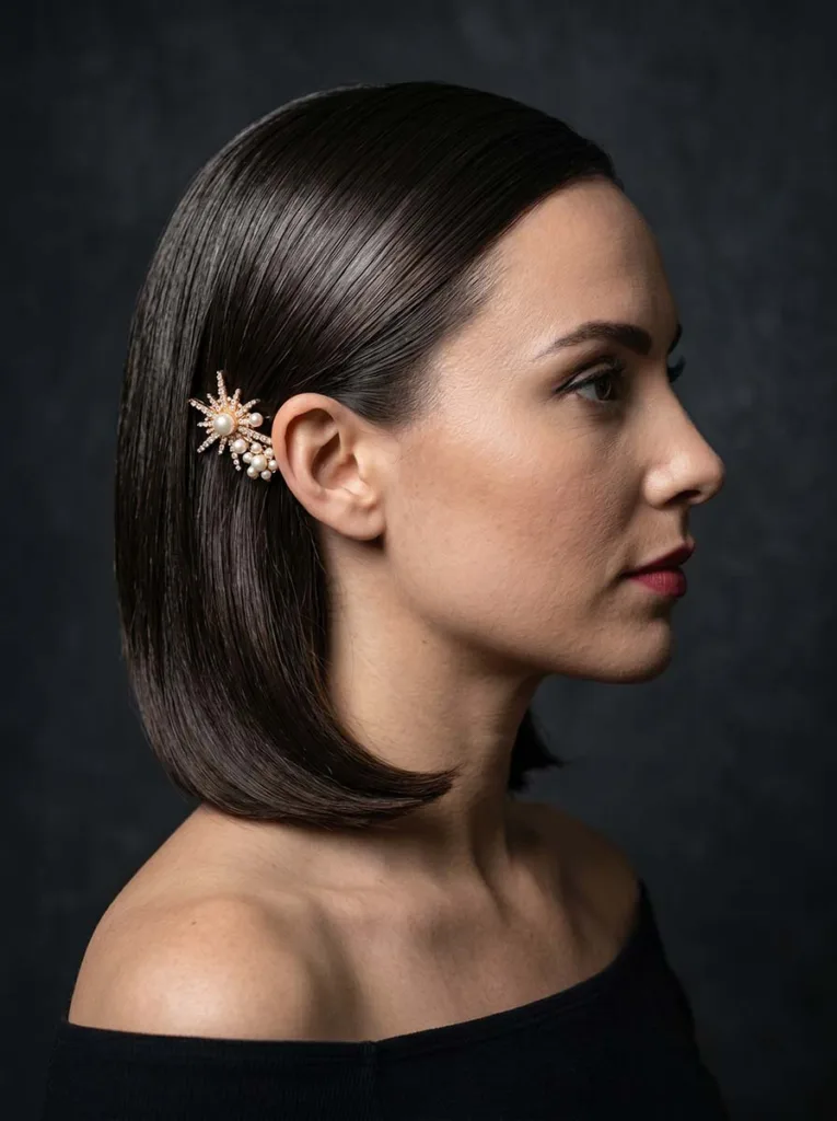 sleek side-swept short hairstyle — polished formal look with all hair swept to one side