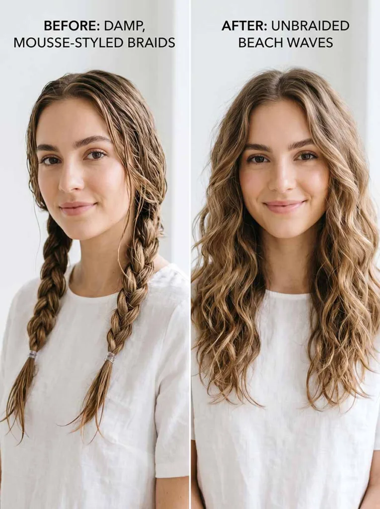 Heatless beach waves using the sleeping braid method on damp hair