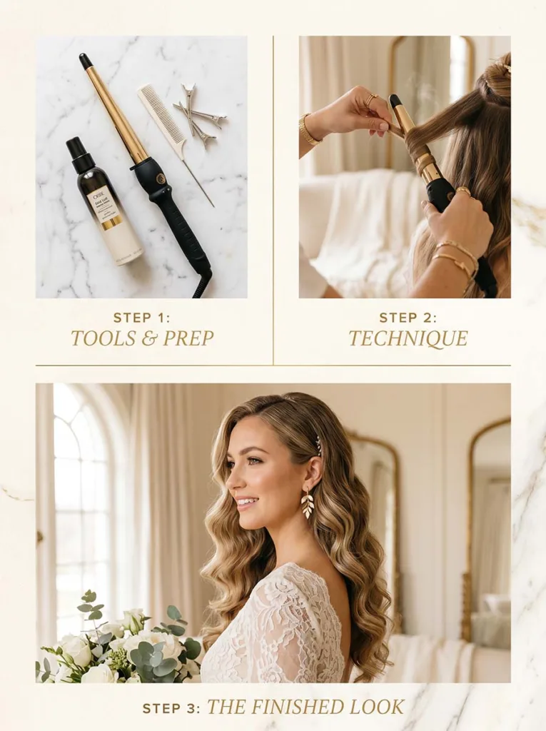 Bridal soft romantic waves step by step tutorial for wedding day hair