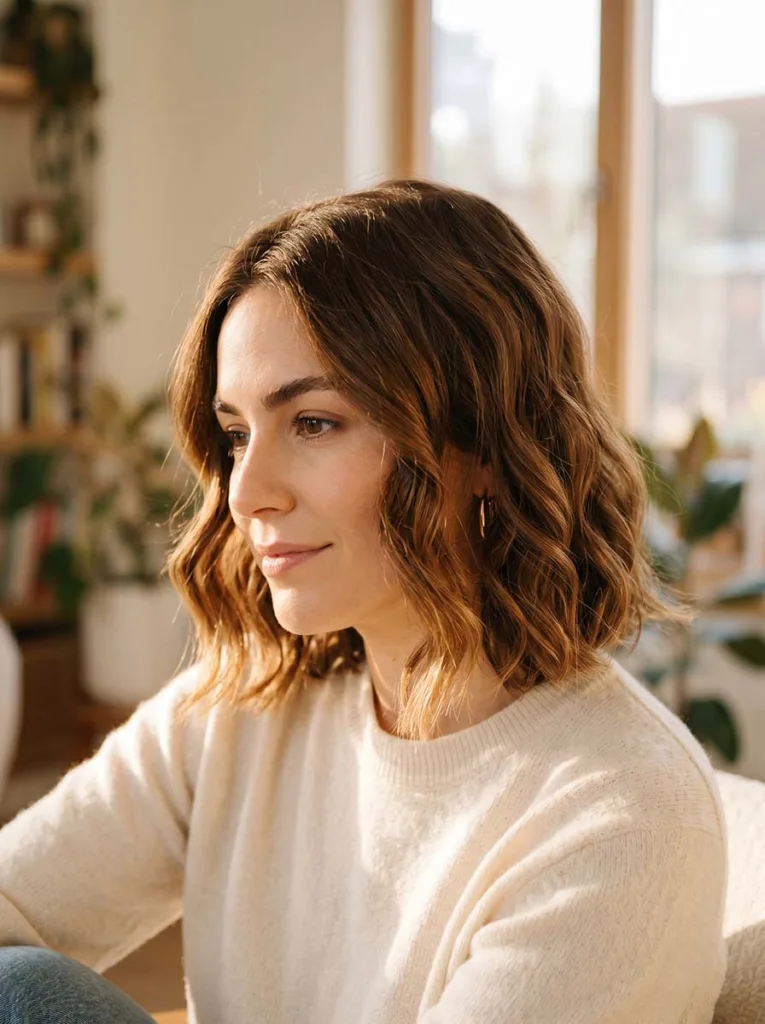 soft waves on short hair — romantic curled bob with loose natural movement