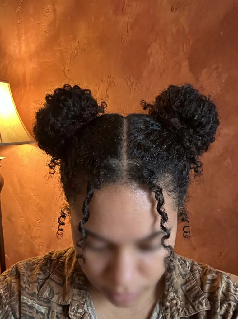 space buns hairstyle on short curly hair easy 5-minute style
