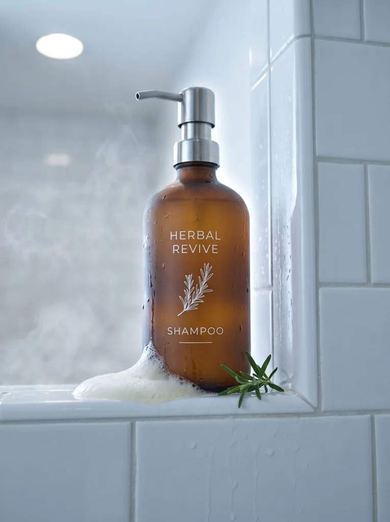 sulfate-free shampoo bottle on wet tile shower shelf for healthy scalp