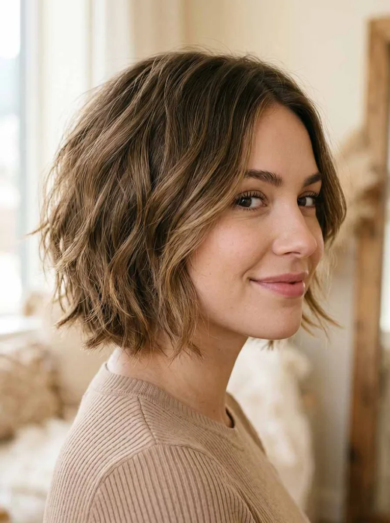 textured bob hairstyle on short hair with natural waves and soft layers