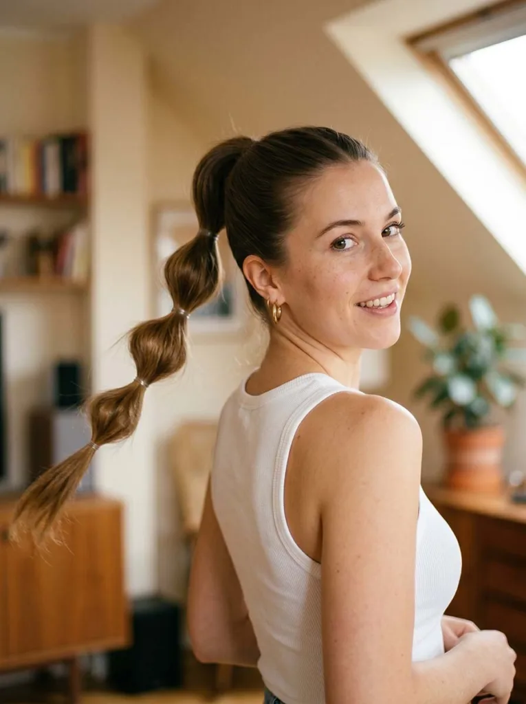 woman with long straight brown hair in a bubble ponytail photographed from the side looking back over her shoulder