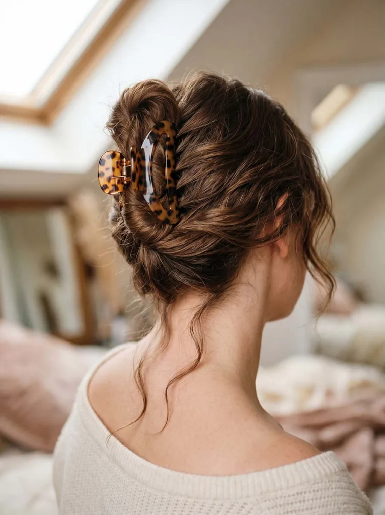 woman with medium chestnut brown hair in a loose claw clip twist viewed from a low over-the-shoulder angle