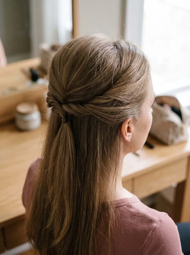 woman with fine light brown hair in a half-up twist photographed from a high diagonal angle showing crown volume