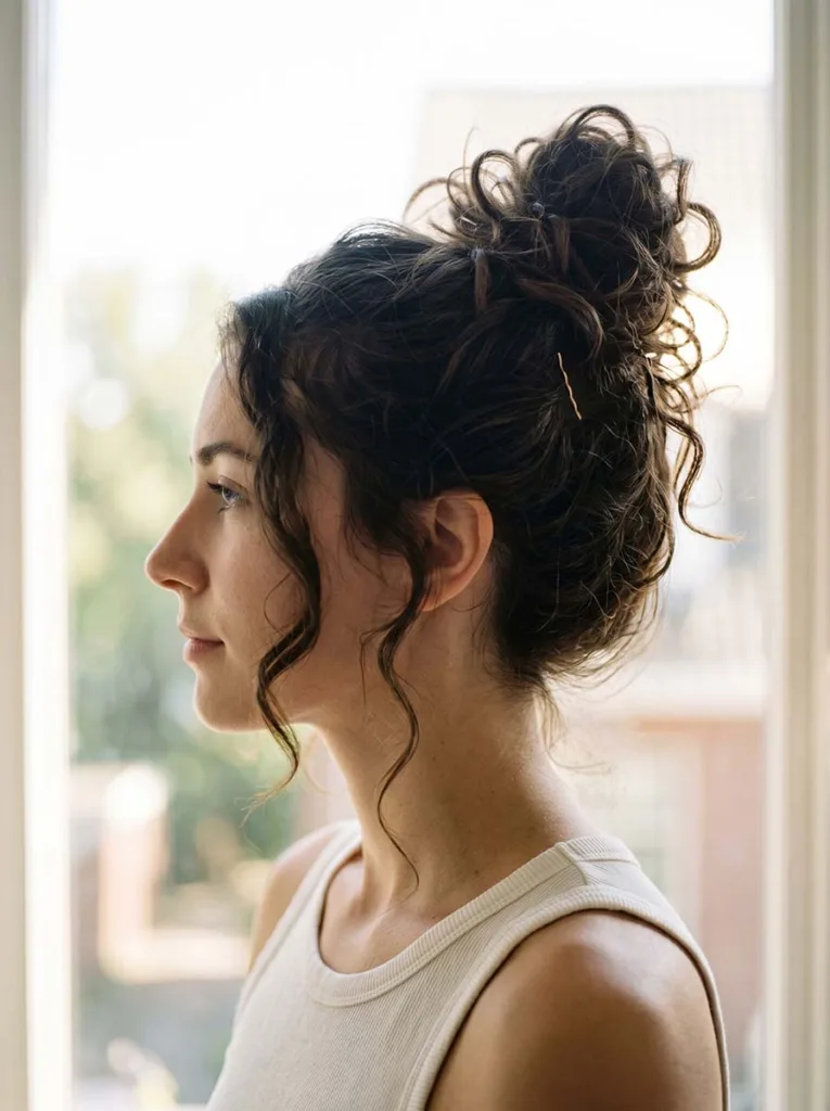 woman with thick dark wavy hair in a high messy bun seen from a side profile angle at eye level