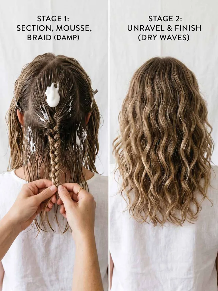step by step overnight braid method for heatless curls on damp hair