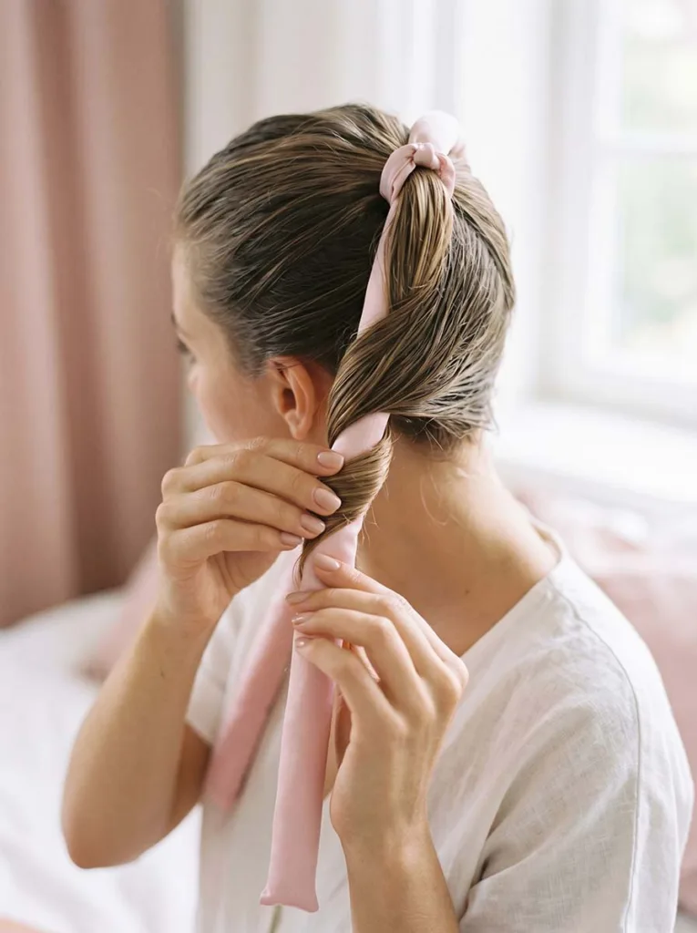 silk ribbon heatless curls method wrapping hair around soft cord