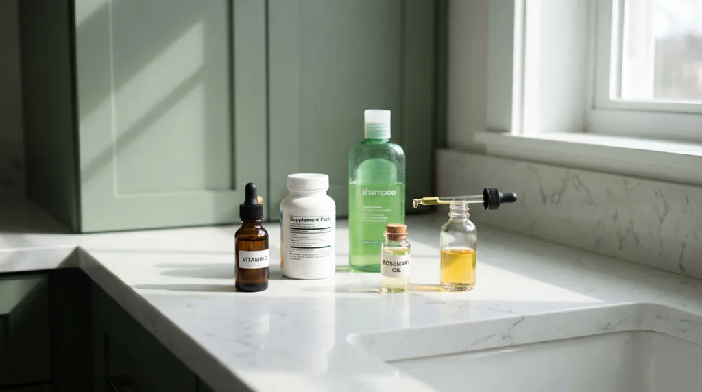 affordable hair growth products rosemary oil minoxidil serum and biotin supplements on bathroom vanity