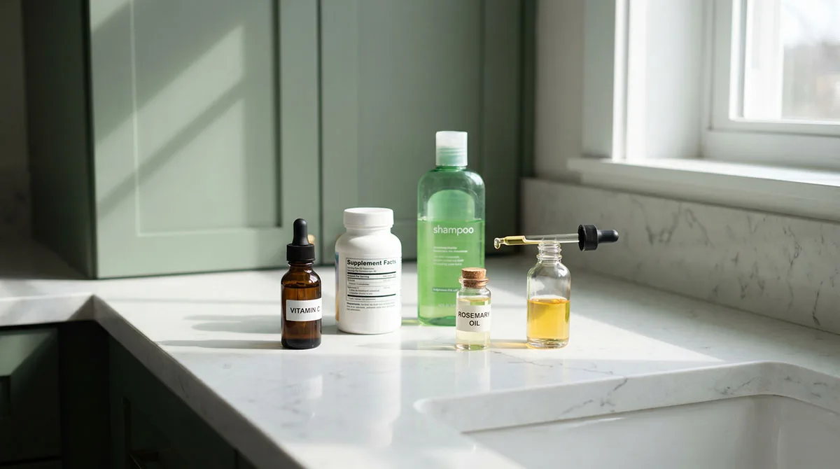 affordable hair growth products rosemary oil minoxidil serum and biotin supplements on bathroom vanity